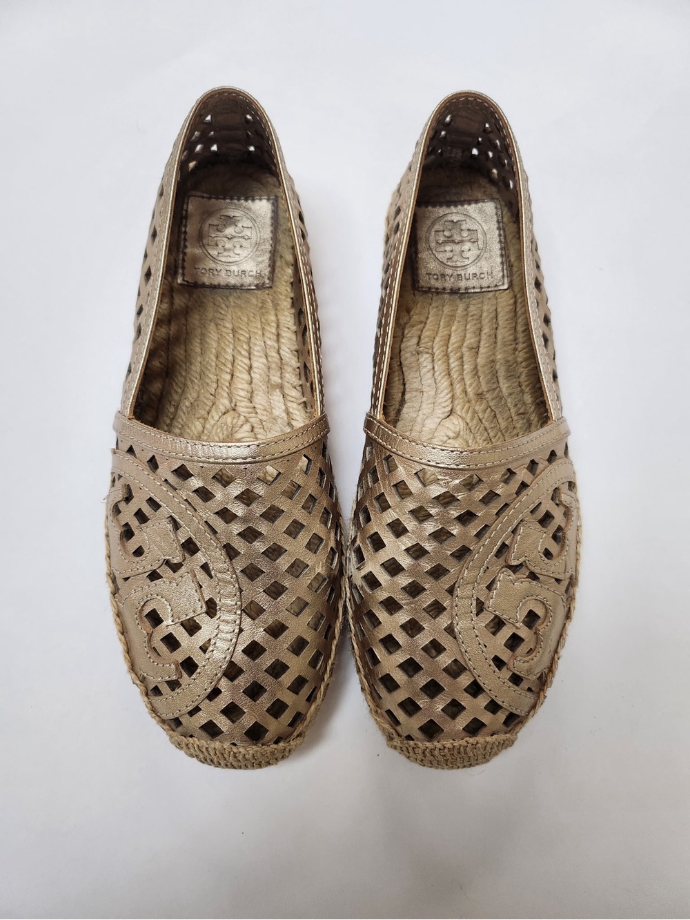 Tory Burch Metallic Champagne/Pewter Laser-Cut Espadrille Flats